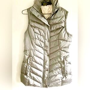 Eddie Bauer Silver Puffer Quilted Vest Sherpa Lined Long Size Large